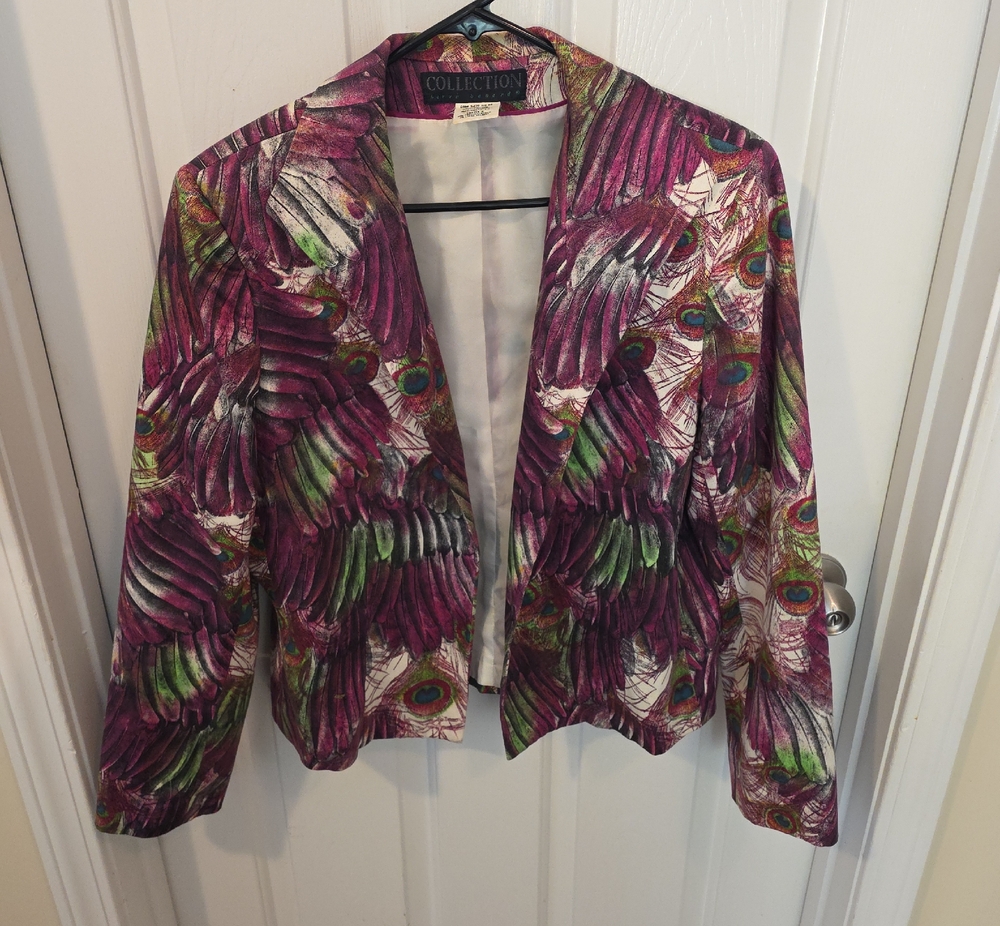 Collection Feather-Print Open Front Blazer in Purple, Green & Cream